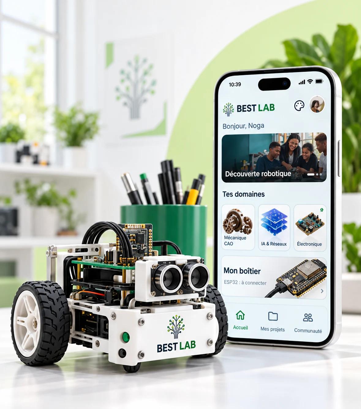 Un robot BestLab au premier plan, devant l’application affichée sur un téléphone