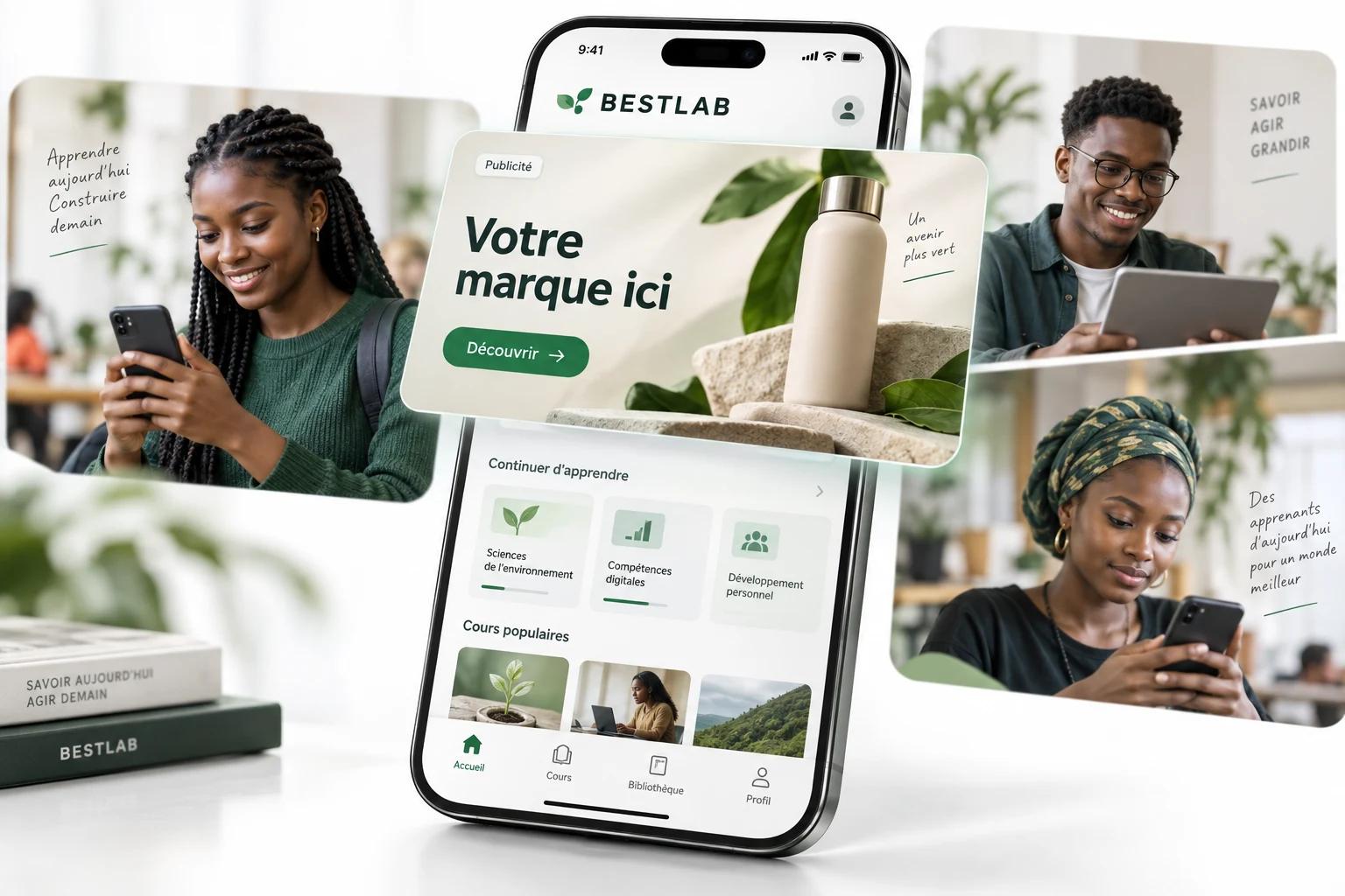 Illustration d’une bannière « Votre marque ici » dans une application, auprès d’apprenants
