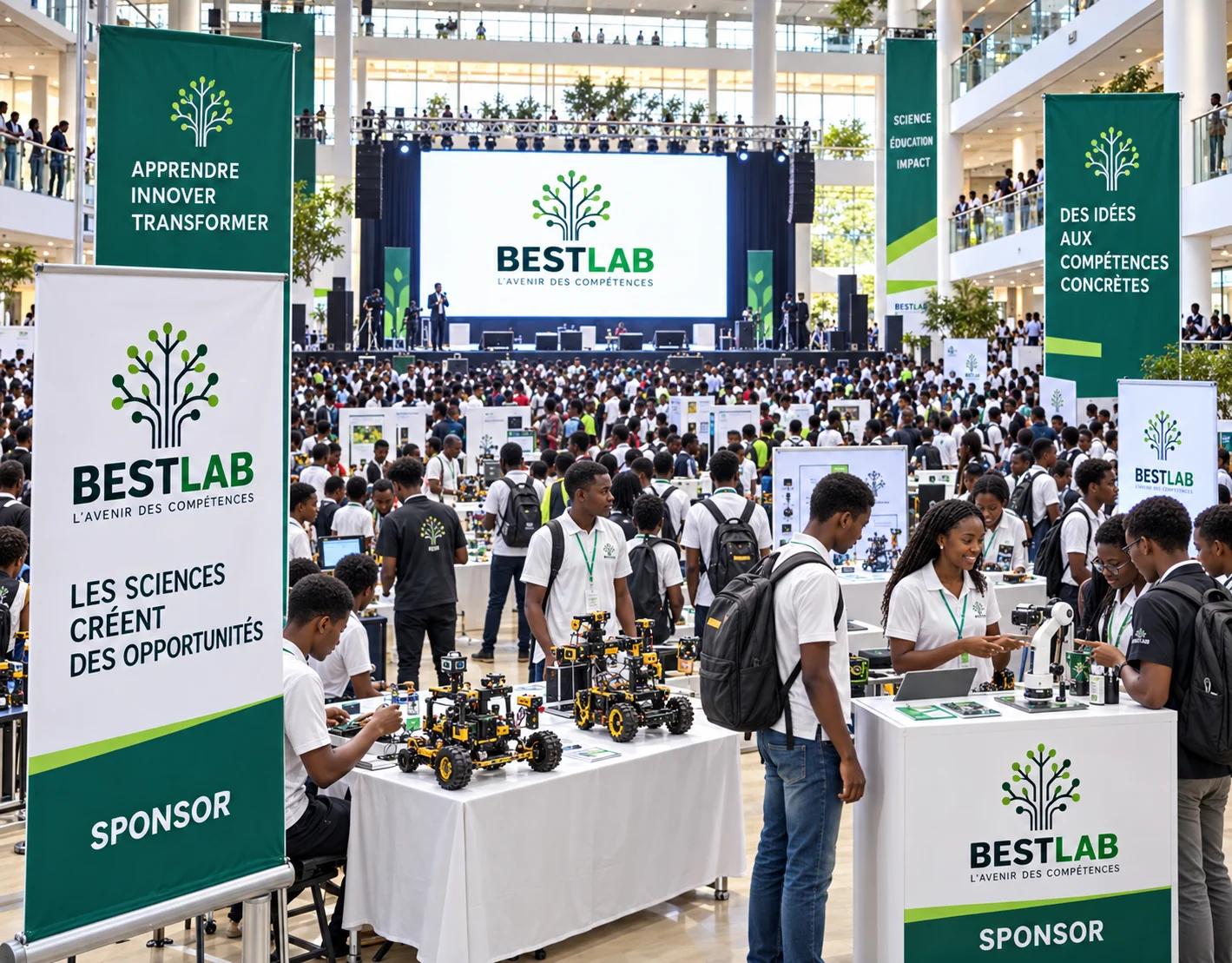 Projection d’un grand événement BestLab avec stands, robots et jeunes participants